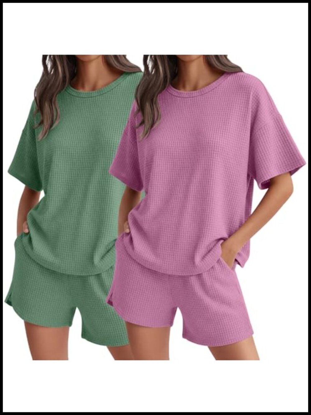 Waffle Knit Pajama Set 2 Pack Short Sleeve Lounge Drawstring